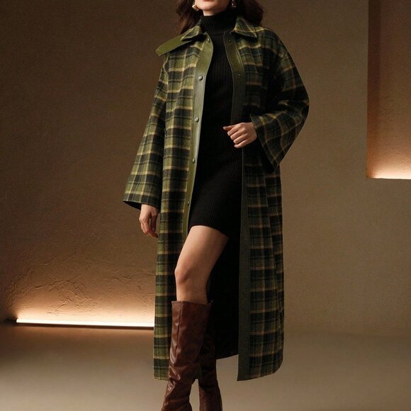 Green Casual Women's Elegant Classic Patchwork High Collar Plaid Tweed Coat - Picture 7 of 7